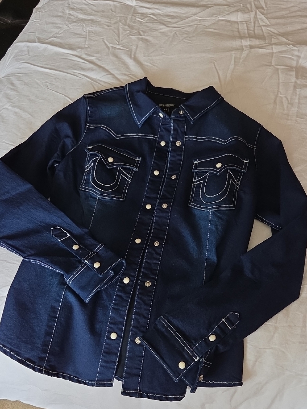 True Religion Navy Snap-Front Shirt Jacket with White Stitching
